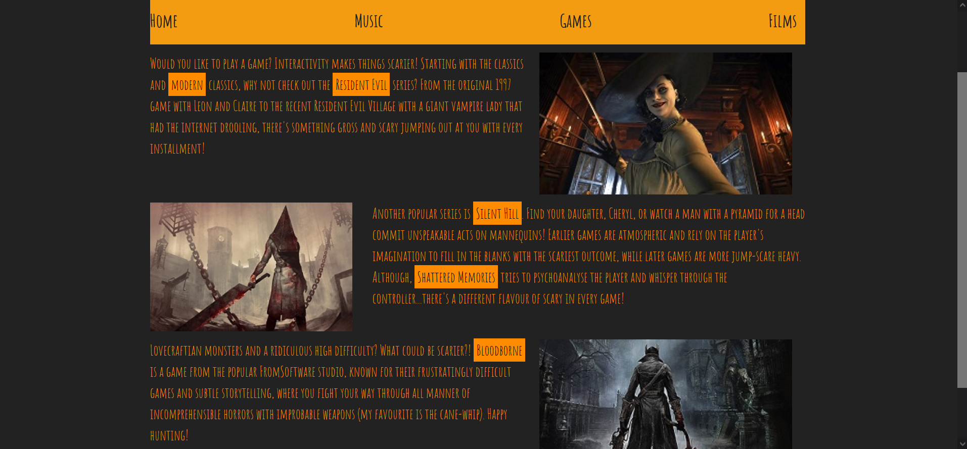 Ritas black and orange halloween video games page.