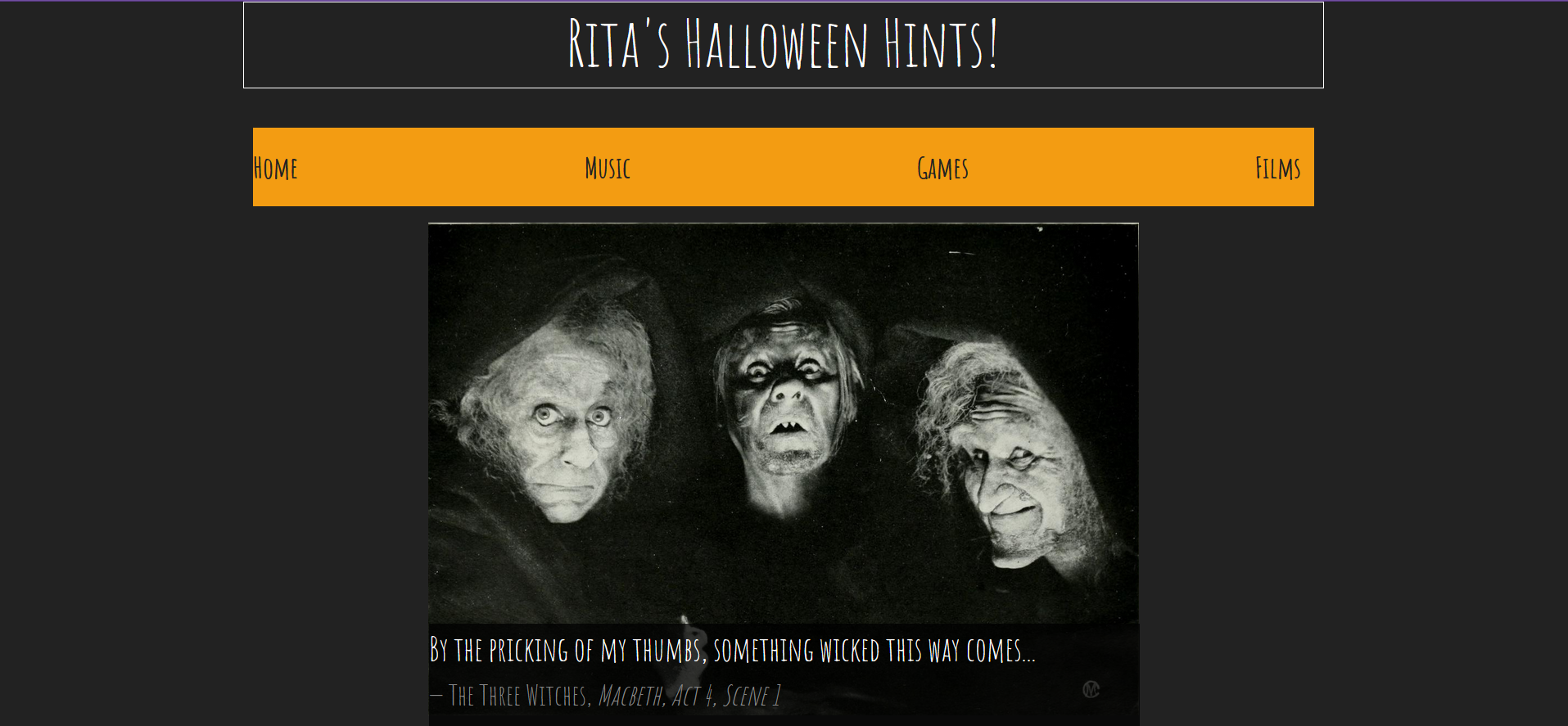 Ritas black and orange halloween homepage. There is a picture of the 3 witches from MacScottishplay