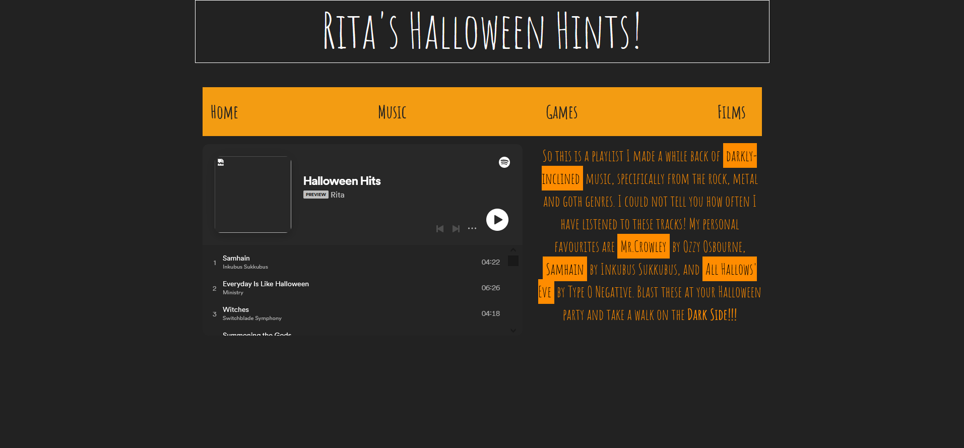 Ritas black and orange halloween music page. There is a Spotify widget of Ritas very own halloween playlist.