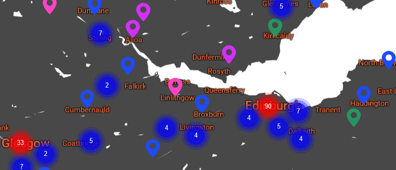A small screenshot of a black and white map with colourful markers