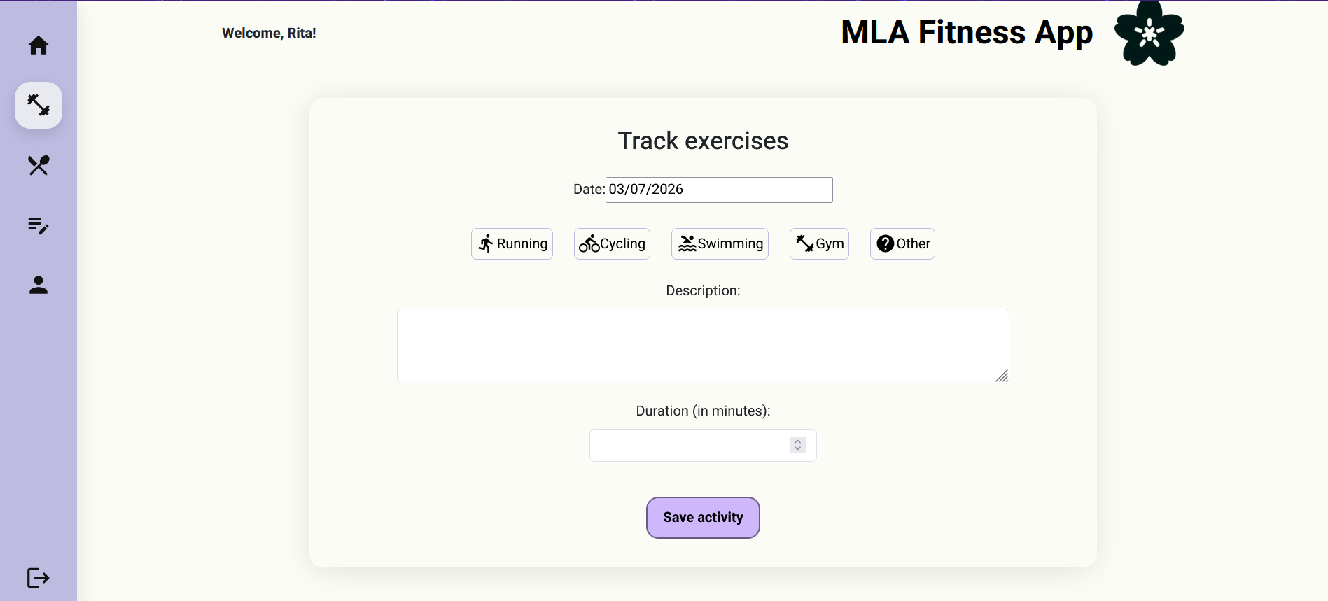 A screenshot of the MLA Fitness App tracking feature. It shows a list of exercises to select and track.