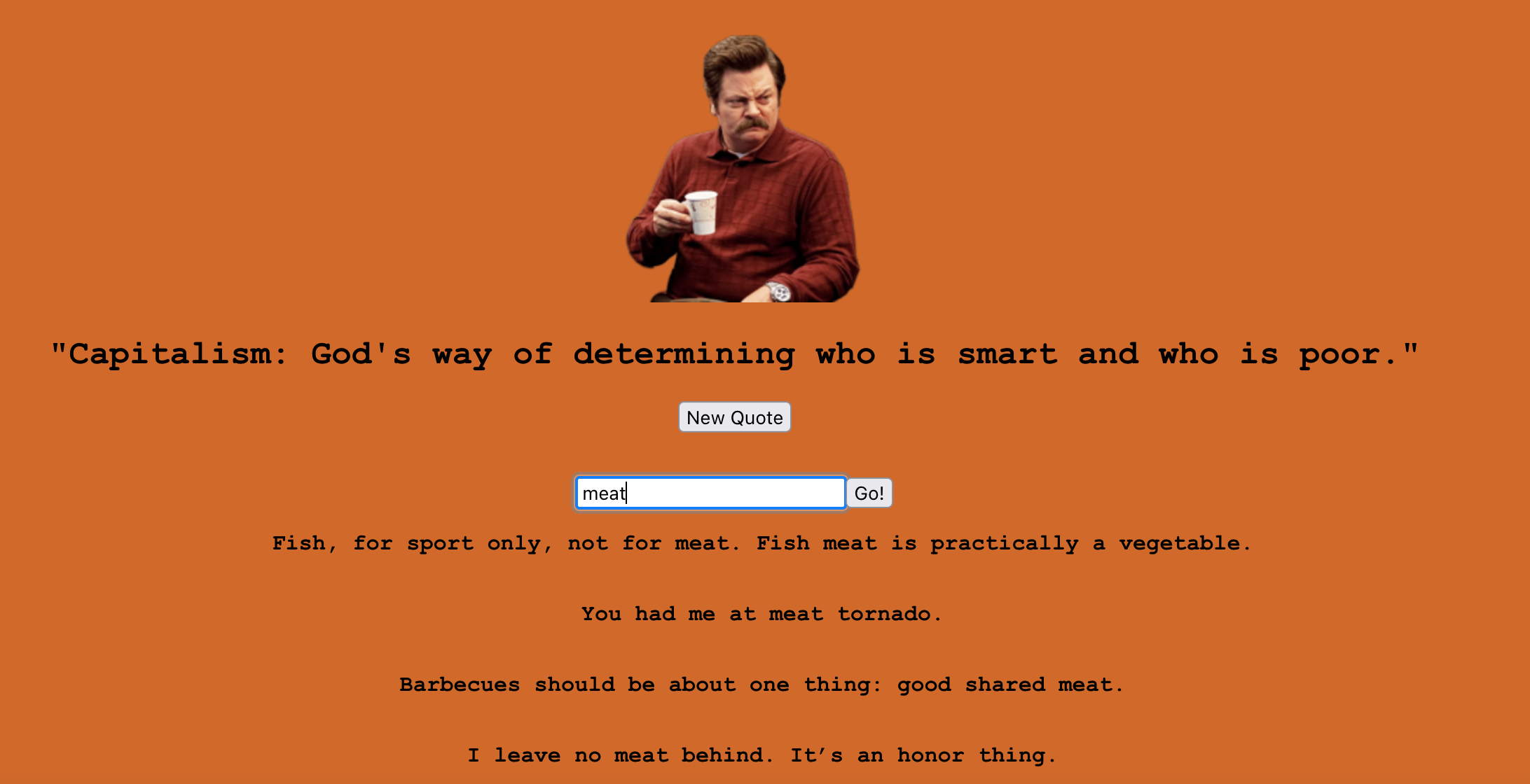 Orange page with Ron Swanson in centre. A random quote from the character is featured below along with a keyword search.